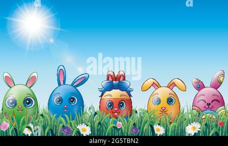 Set di uova di pasqua cartoon carattere con coniglietti orecchie in erba sfondo Illustrazione Vettoriale