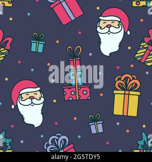 Buon Natale senza cuciture modello con Babbo Natale e regali. Schizzo colorato di sfondo sul tema di Natale. Illustrazione vettoriale in stile doodle Illustrazione Vettoriale
