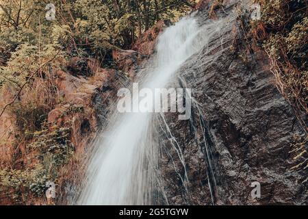 Piccola cascata circondata dalla vegetazione durante il giorno. Sfocatura del movimento. Questa foto è stata scattata a Viganella, Piemonte, Italia Foto Stock