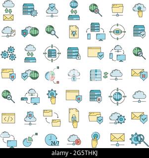 Set di database online cloud tecnologia informatica icona, archiviazione dati remota, proteggere le informazioni delineare flat vettore illustrazione, isolato su bianco. C Illustrazione Vettoriale