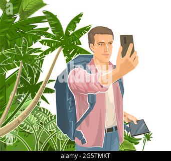 Selfie. Carino ragazzo turistico con smartphone e tablet. Zaino. Sullo sfondo del paesaggio. Palme tropicali. Un uomo in viaggio. Stile piatto. Illustrazione Vettoriale