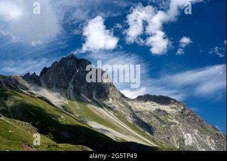 Oberengadiner Landschaft bei Gravasalvas mit Piz Lagrev im Hintergrund, Gem. Sils im Engadin/Segl, em 20.07.19. Foto Stock