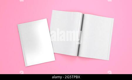 Apri la rivista mockup. Modello di rivista vuota per lo spazio di copia. Spazio vuoto nel coperchio. Sfondo rosa. rendering 3d. Foto Stock