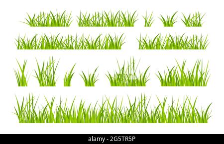 Prato verde prato campo bordo piatto stile disegno vettore illustrazione set isolato su sfondo bianco. Illustrazione Vettoriale