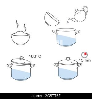 Come cuocere il riso con pochi ingredienti ricetta facile. Istruzioni sul riso processi decisionali per la prima colazione. Ciotola calda con il cibo gustoso. Illustrazione Vettoriale