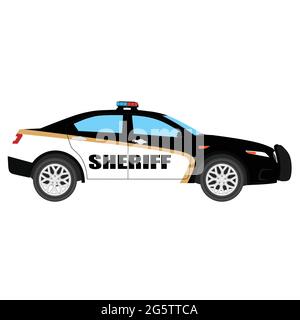 Illustrazione Vettoriale. Auto della Polizia vista laterale isolata su sfondo bianco. Trasporto di polizia. Sheriff auto Illustrazione Vettoriale