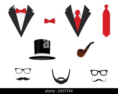 Uomo giacche. Tuxedo con mustaches, bicchieri, barba, tubo e top hat. Tute di nozze con il filtro bow tie e con cravatta. Illustrazione Vettoriale Illustrazione Vettoriale