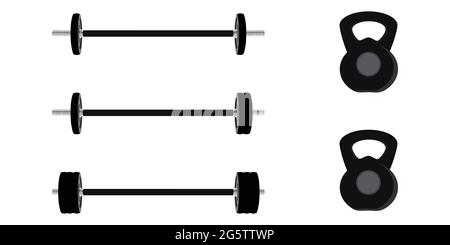 Manubrio nero e vettore kettlebell set. Sport fitness center. Peso attrezzatura di formazione del concetto. Illustrazione Vettoriale