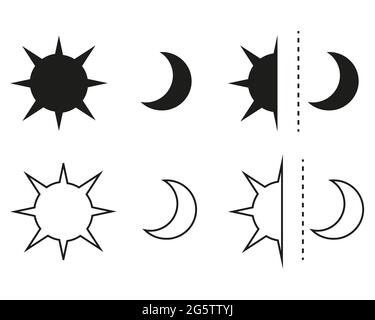 Icona del sole e della luna piatta. Segno sole e luna. Logo vettoriale per web design, mobile e infografica. Isolato su sfondo bianco Illustrazione Vettoriale