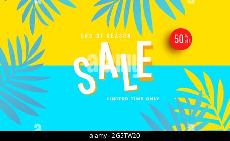 Banner di vendita estiva di fine stagione, poster sconto stagione calda su sfondo giallo. Banner promozionale per sito Web, volantino e poster Illustrazione Vettoriale