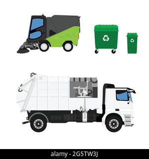 Illustrazione vettoriale. Spazzatrice stradale, camion e container realistici e ricchi di dettagli. Illustrazione Vettoriale