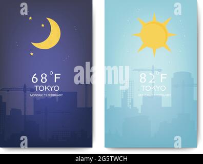 Illustrazione del paesaggio giorno e notte con sole, luna, stelle, nuvole. Design dell'interfaccia utente dell'app Weather Illustrazione Vettoriale