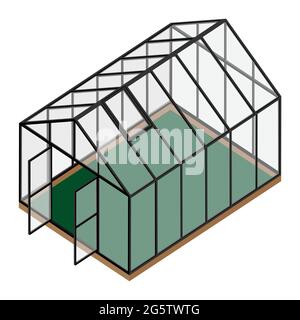 Serra vuota con porta aperta e finestra chiusa vista isometrica isolata su sfondo bianco. Casa di vetro. Illustrazione Vettoriale