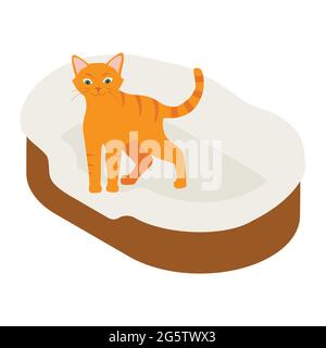 Gatto zenzero nel suo morbido e accogliente cuscino letto isolato su sfondo bianco. Vista isometrica. Vettore Illustrazione Vettoriale