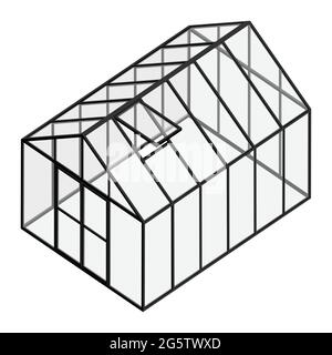 Serra vuota con lo sportello chiuso e aperto la finestra vista isometrica isolati su sfondo bianco. Casa di vetro. Illustrazione Vettoriale