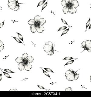 Vintage motivo floreale senza cuciture su sfondo bianco, botanico con fiori disegnati a mano, foglie e rami, disegno con inchiostro floreale Foto Stock
