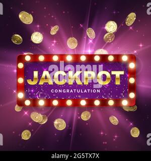 Vincitore del jackpot su sfondo viola con raggi di luce. Banner Big WIN. Cartello retrò con monete d'oro in caduta. Illustrazione vettoriale Illustrazione Vettoriale