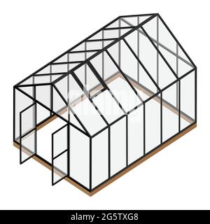 Serra vuota con porta aperta e finestra chiusa vista isometrica isolata su sfondo bianco. Casa di vetro. Illustrazione Vettoriale