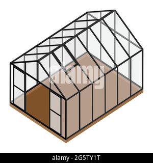 Serra vuota con porta aperta e finestra chiusa vista isometrica isolata su sfondo bianco. Casa di vetro. Illustrazione Vettoriale