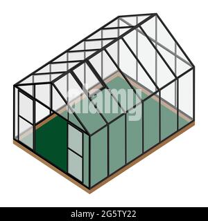 Serra vuota con porta aperta e finestra chiusa vista isometrica isolata su sfondo bianco. Casa di vetro. Illustrazione Vettoriale