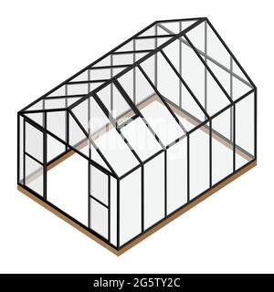 Serra vuota con porta aperta e finestra chiusa vista isometrica isolata su sfondo bianco. Casa di vetro. Illustrazione Vettoriale