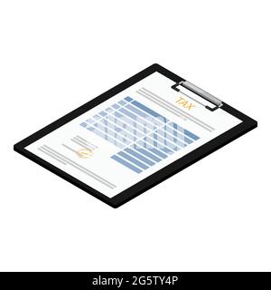 Concetto di pagamento delle imposte. Modulo imposta sul reddito, documento su appunti neri. Vista isometrica. Vettore Illustrazione Vettoriale
