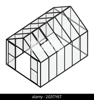 Serra vuota con porta aperta e finestra chiusa vista isometrica isolata su sfondo bianco. Casa di vetro. Illustrazione Vettoriale