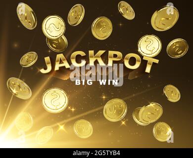 Vincitore del jackpot. Banner Big Win con monete d'oro in caduta su sfondo scuro con raggi chiari. Illustrazione vettoriale Illustrazione Vettoriale