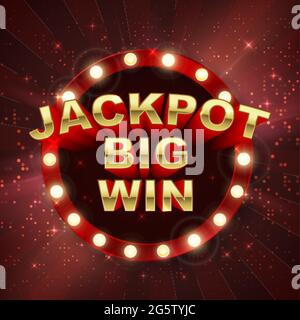 Vincitore del jackpot. Banner Big WIN. Cartello retrò su sfondo rosso con raggi di luce. Illustrazione vettoriale Illustrazione Vettoriale