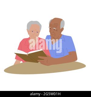 Coppia anziana seduta vicino al tavolo, badgerly balding uomo e donna anziana leggere un libro e trascorrere il tempo insieme vettore Illustrazione Illustrazione Vettoriale