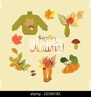 Set di clip art autunnali per scrapbooking, elementi decorativi. Collezione di attributi autunnali: Foglie, stivali, bouquet, maglione, zucca, fungo. INS Illustrazione Vettoriale