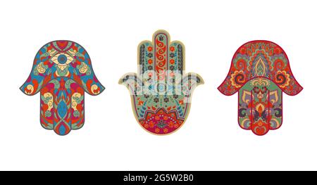 Set di simboli religiosi tradizionali orientali o indiani sacri-amuleti-Hamsa, la mano di Miriam, la palma di David, Hanukkah con ornamenti. Vettore illustrati Illustrazione Vettoriale