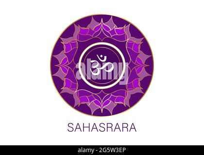 Settimo chakra Sahasrara modello di logo. Cerchio simbolo chakra corona, meditazione viola segno sacrale, yoga rotondo mandala icona. Il simbolo Om Illustrazione Vettoriale