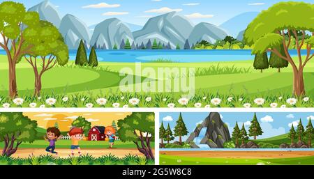 Set di diverse scene panoramiche all'aperto con illustrazione del personaggio cartoon Illustrazione Vettoriale