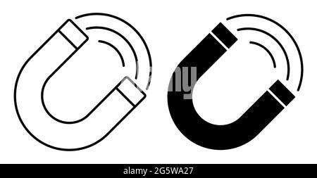 Icona lineare. Magnete a ferro di cavallo con linee di attrazione. Studiare fisica a scuola e all'università. Semplice vettore in bianco e nero Illustrazione Vettoriale
