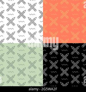 Insieme di modelli senza giunture con matite da scuola incrociate. Cancelleria scolastica. Ornamento per decorazione e stampa su tessuto. Elemento di progettazione. Vettore Illustrazione Vettoriale