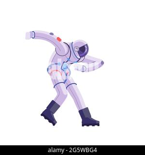 Astronauta di cartoni animati. Cosmonauta di festa danzante, astronave di disco moderno, ballerina comica dello spazio. Illustrazione astronauta di fumetti vettoriali in diverse posizioni. Illustrazione Vettoriale