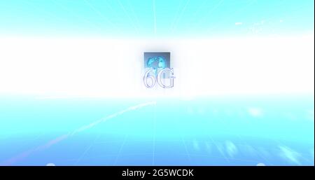 Immagine di testo 6g, elaborazione dati e globo su schermi su sfondo a gradiente blu e bianco Foto Stock