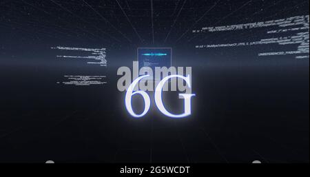 Immagine di testo 6g, elaborazione dati e globo su schermo su sfondo blu scuro Foto Stock
