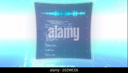 Immagine di testo 6g, elaborazione dati e globo su schermi su sfondo a gradiente blu e bianco Foto Stock