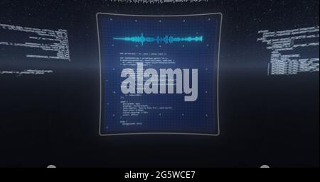 Immagine di testo 6g, elaborazione dati e globo su schermo su sfondo blu scuro Foto Stock