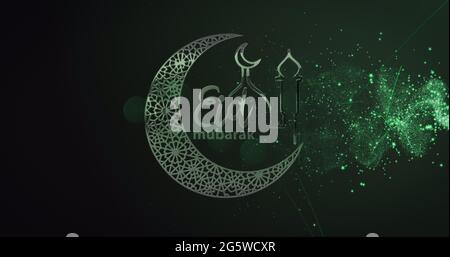 Sparare stella su eid mubarak testo con luna crescente e moschea su sfondo verde Foto Stock
