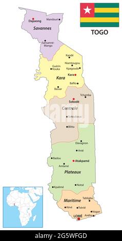 mappa amministrativa vettoriale dello stato dell'africa occidentale togo con bandiera Illustrazione Vettoriale