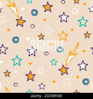 Pattern vettoriale senza cuciture con stelle carine su sfondo rosa chiaro. Semplice wallpaper doccia bambino design. Felici i bambini moda tessile. Illustrazione Vettoriale