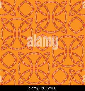 Pattern vettoriale senza giunture con pattern di nodo celtico su sfondo arancione luminoso. Ricamo disegno tribale della carta da parati. Simbolo decorativo moda tessile. Illustrazione Vettoriale