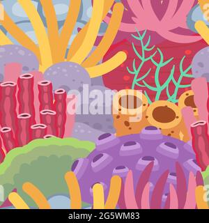 Barriera corallina. La parte inferiore del serbatoio. Mare oceano. Paesaggio subacqueo con piante, alghe e coralli. Senza interruzioni. Illustrazione in stile cartoon. Piatto Illustrazione Vettoriale