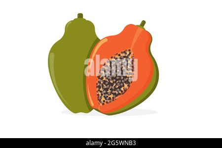 Frutta estiva Papaya, frutta intera e metà. Illustrazione Vettoriale