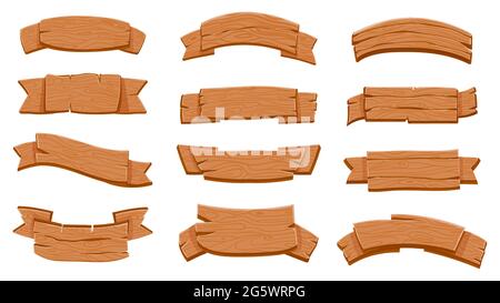 Cartelli a nastro in legno. Cartoni in legno curvati per il gioco. Tavole rustiche testurizzate, etichette in legno compensato, set vettoriale per la progettazione di cartelli bianchi Illustrazione Vettoriale