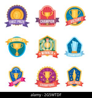 Emblemi campione. Coppe e medaglie di trofei su logo e badge di campionato sportivo. Vittoria del torneo. Primo set vettoriale del vincitore del cartoon Illustrazione Vettoriale