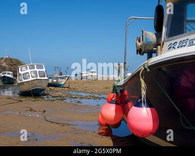 Barche da pesca in un porto di marea a bassa marea, Bude, Cornovaglia, Regno Unito Foto Stock